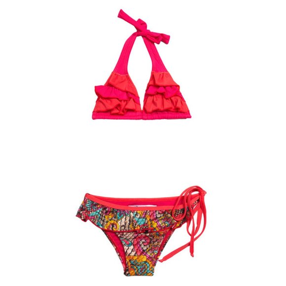 NEW sz 16 lk 14 Submarine 2pc Tween Hot Pink Turquois Ruffle Top Bikini Swimsuit - Picture 1 of 2